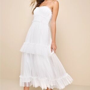 Lulu’s Delightful Bliss White Mesh Swiss Dot Strapless Midi Dress - small